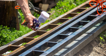 A man with a paint sprayer paints a metal structure on the street. selective focusの写真素材