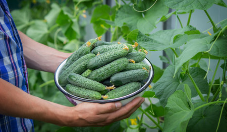 the farmer holds a bowl of freshly picked cucumbers in his hands. selective focusの写真素材