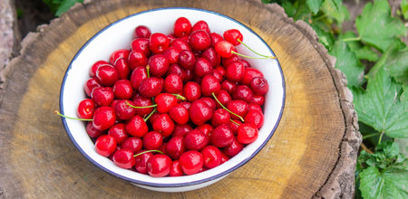 the child holds a bowl of freshly picked cherries. selective focus