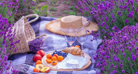 a girl in a lavender field pours wine into a glass. relaxation. selective focus