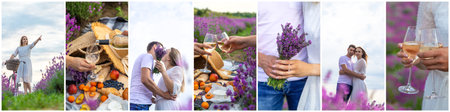 Woman and man together in a lavender field collage. selective focus. Nature.の写真素材