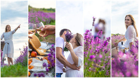 Woman and man together in a lavender field collage. selective focus. Nature.