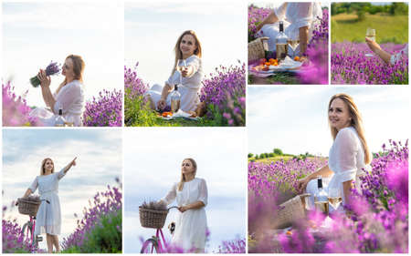 woman in lavender field collage. selective focus. Nature.の写真素材