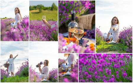 woman in lavender field collage. selective focus. Nature.の写真素材