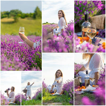 woman in lavender field collage. selective focus. Nature.の写真素材