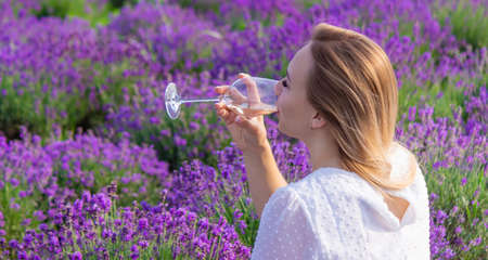 a girl holds a glass of white wine against the backdrop of a lavender field. A girl drinks wine in a lavender field. selective focusの写真素材