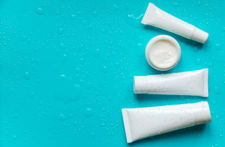 Moisturizing cream on a blue background. selective focus. Nature.の写真素材
