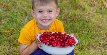 The child eats cherries in the garden. selective focus.の写真素材