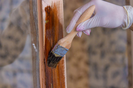 a hand holds a brush, applying varnish paint on a board - painting and caring for a tree. selective focusの写真素材