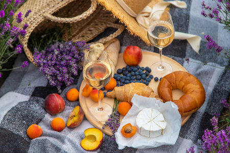 Wicker basket with delicious food for a romantic picnic in a lavender field. The girl pours wine. selective focusの写真素材