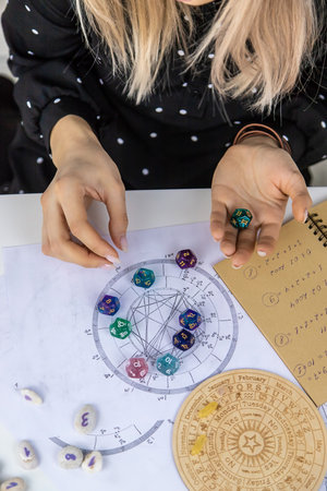 Woman numerologist astrologer counts numbers. selective focus. people.の写真素材