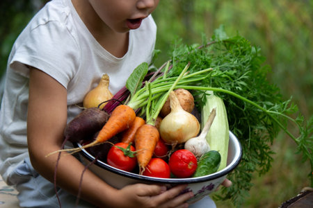 the boy is holding a bowl of freshly picked vegetables from the farm. organic products. selective focusの写真素材