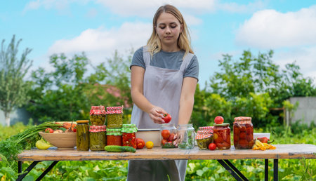 A woman preserves vegetables in jars. selective focus. food.の写真素材