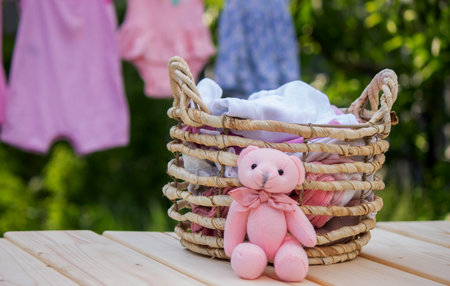 washing baby clothes. Linen dries in the fresh air. selective focus. nature.の写真素材