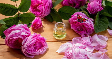 rose flower and essential oil. Spa and aromatherapy. selective focusの写真素材