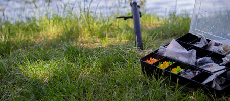 fishing tackle bait, fishing river. selective focus. nature