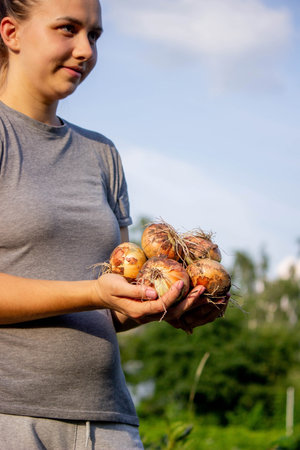 the farmer girl holds an onion in her hands. selective focus. Natureの写真素材