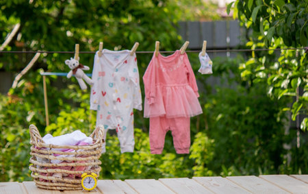 washing baby clothes. Linen dries in the fresh air. selective focus. nature.