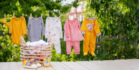 washing baby clothes. Linen dries in the fresh air. selective focus. nature.