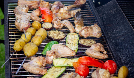 a man is grilling vegetables and meat. selective focus. Natureの写真素材