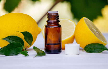 lemon oil in jars, fresh lemon. selective focus. Natureの写真素材