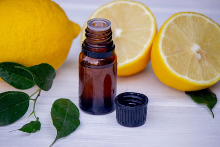 lemon oil in jars, fresh lemon. selective focus. Natureの写真素材