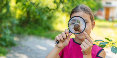 The child looks at the snail nature. selective focus. Animal.の写真素材