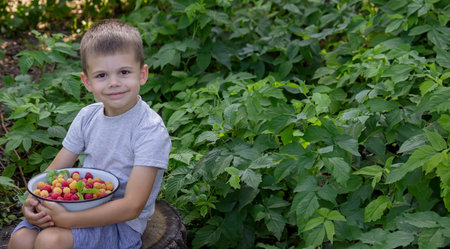 boy holding a bowl of freshly picked raspberries. Selective focus. nature