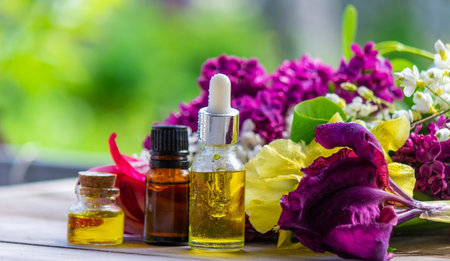 Essential oil extract of herbs and flowers. selective focus. natureの写真素材