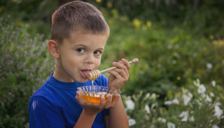 boy eats honey in nature, homemade honey. selective focus. natureの写真素材