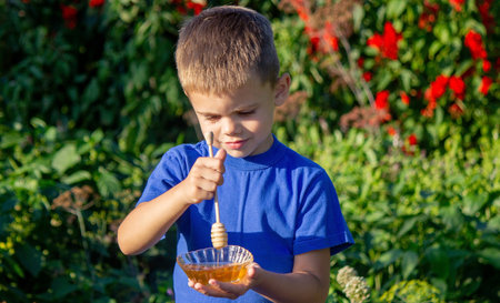 boy eats honey in nature, homemade honey. selective focus. natureの写真素材