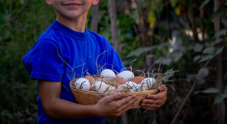 the boy holds a basket with chicken eggs in his hands, on the background of the farm. Selective...