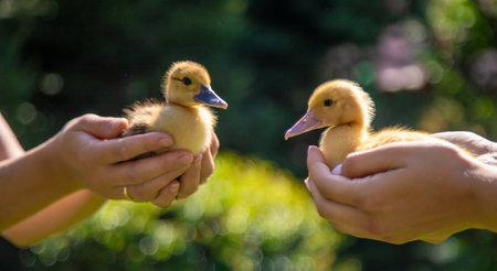 The farmers are holding two ducklings in their hands. Selective focus. natureの写真素材