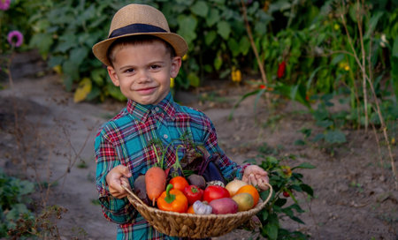 A child holds a harvest of vegetables in his hands. Selective focus. nature.の写真素材