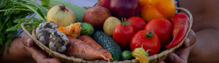male farmer holding freshly picked vegetables. Selective focus. natureの写真素材