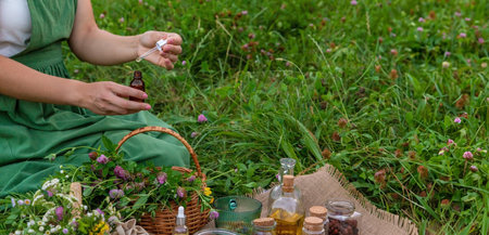 A woman makes herbal tincture. Selective focus. Nature.の写真素材