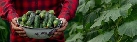 a man harvests cucumbers. Selective focus.の写真素材