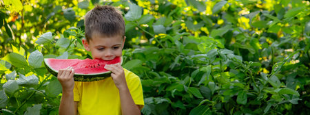 a boy eats a delicious piece of watermelon in the summerの写真素材