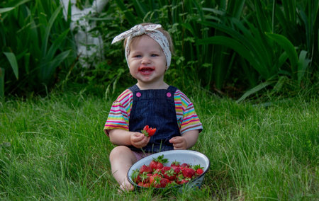 little girl eating strawberries in the garden. Selective focus.の写真素材
