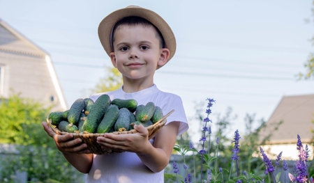 boy farmer collects cucumbers. Selective focus.の写真素材
