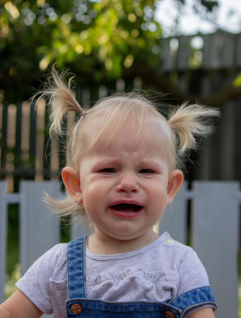 a little girl is crying. Selective focus.