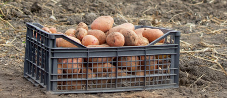 Fresh potatoes in a box in a field. Harvesting potatoes organic. Agriculture and farming.の写真素材