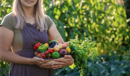 female farmer holding a large plate with various fresh farm vegetables. Autumn harvest.の写真素材
