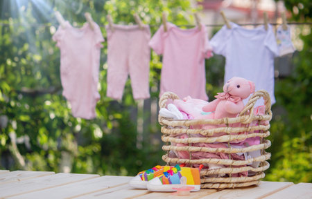 Children's clothes are dried outside. Selective focusの写真素材
