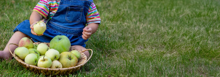 little girl with apples in the gardenの写真素材