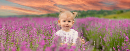 little beautiful girl in a white dress in a lavender field or garden, enjoying the aroma of lavender.の写真素材
