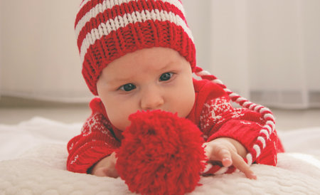 Baby dressed as Santa Claus.の写真素材