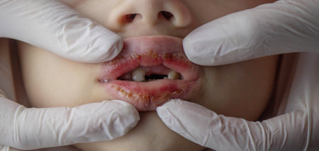 boy with chapped lips treatment. Selective focus.の写真素材