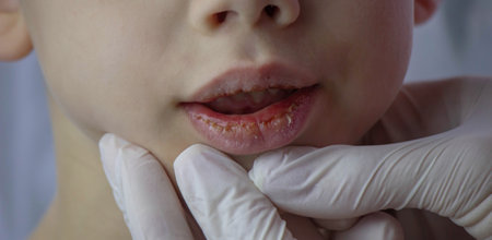 boy with chapped lips treatment. Selective focus.の写真素材