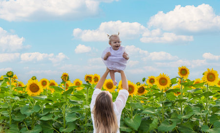 A beautiful young woman with a small child in her arms in a sunflower field. A mother hugs her little daughterの写真素材